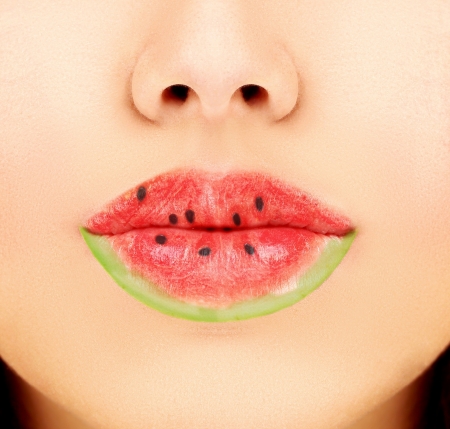 :-) - mouth, summer, lips, nose, watermelon, red, green, woman, makeup