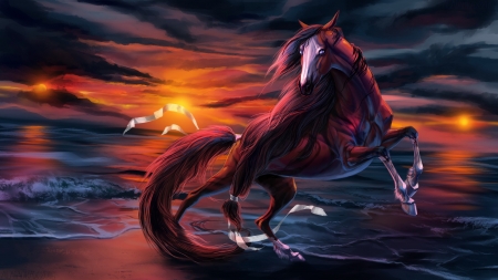 Horse - beach, sunset, summer, fantasy, art, horse, orange, sea, sunrise