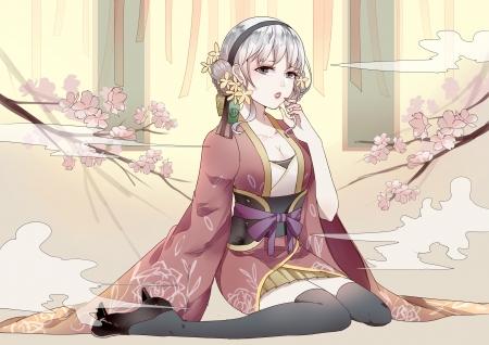 Girl - flower, sprink, pink, kimono, sakura, anime, girl, manga