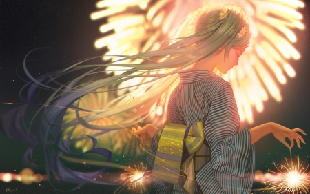 Hatsune Miku - vocaloid, alphonse, girl, hatsune miku, kimono, fireworks, luminos