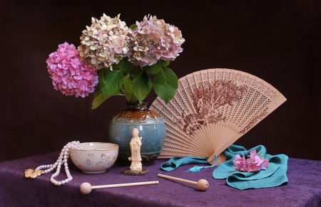 Still life with hand fan - flower, pink, fan, vase, jewel, blue, hand fan, pearl, hydrangea