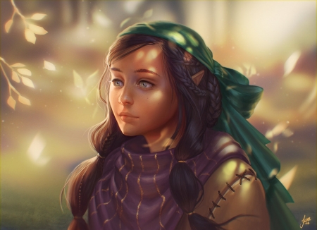 Elf girl - elf, fantasy, scarf, purple, junejenssen, green, girl, luminos