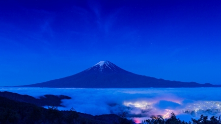 Mount Fuji - fuji, japan, scenery, blue, lake, night, mountain, japanese