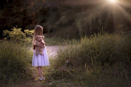 Little girl - princess, people, hair, sunset, belle, sightly, white, face, childhood, fair, grass, little, bonny, adorable, wallpaper, child, nature, forest, beautiful, pink, sweet, teddy, nice, beauty, photography, standing, pretty, baby, green, tree, cute, kid, love, girl, dainty, bear, lovely, pure, comely, desktopnexus, blonde