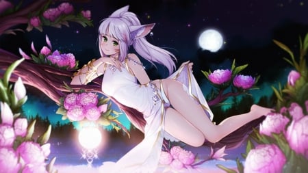 Catgirl - flower, pink, black, lluuna, eventh7, anime, girl, night, catgirl, manga, fantasy, ears, light, moon, luminos, peony