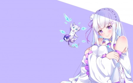 Emilia - anime, re zero, girl, lilac, pink, emilia, cat, manga, pisica, white, purple