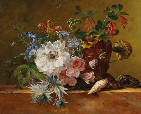 Still life - elisabeth koning, summer, still life, painting, art, luminos, pictura, shell, flower