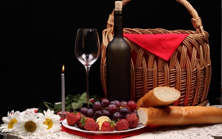 Elegant Fare - bread, flowers, wine, fruit