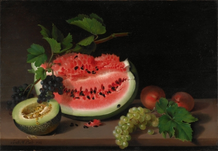 Fruits - grapes, pictura, watermelon, red, painting, fruit, art, still life