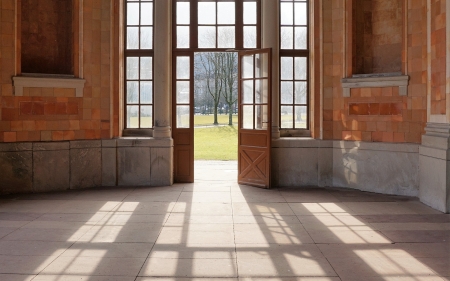 Door to Spring - glass, door, spring, trees, sunshine