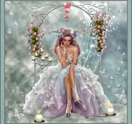 THE DREAMING FAWN - female, candles, hoofs, fawn, antlers, flowers, butterflies, dreaming, dress, birds