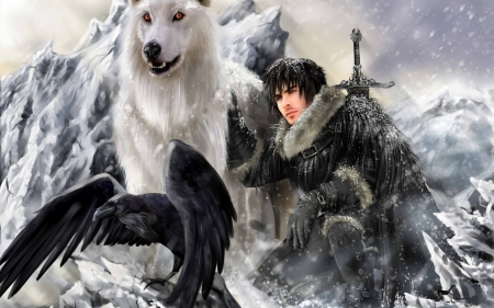 Ian Somerhalder as Jon Snow (fantasy) - winter, black, fantasy, pasare, bird, raven, wolf, ian somerhalder, ghost, crow, jon snow, luminod, game of thrones