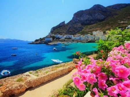 Summer Beach,Sicily - nature, beach, mountain, summer, flowers, sand, rocks, coast