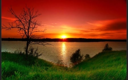 Red and Green Sunset - sunset, nature, red, green, reflection, sky