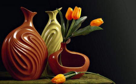 TULIPS - vases, stems, petals, leaves, still life