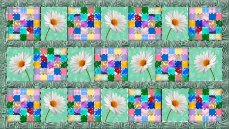 Patches and Petals - green, patchwork, daisies, stitches