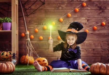 Little witch - hat, pumpkin, girl, child, copil, black, witch, halloween, orange, cute, little