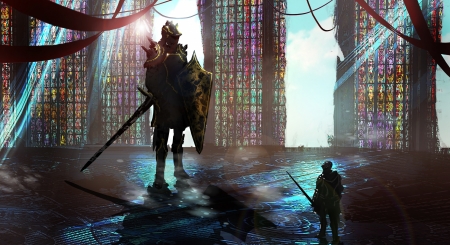 Face to face - silhouette, buildings, knight, armor, black, colorful, fantasy, art, luminos