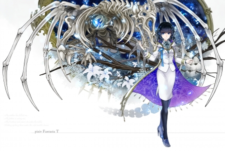 Bones - misoji, anime, pixiv fantasia, girl, blue, manga, white, spider, bones