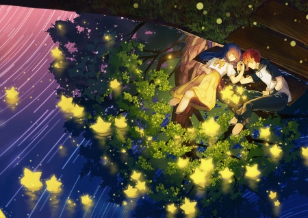 Starry night - anime, water, yellow, night, reflection, stars, manga, tetsuhiko, couple, sky