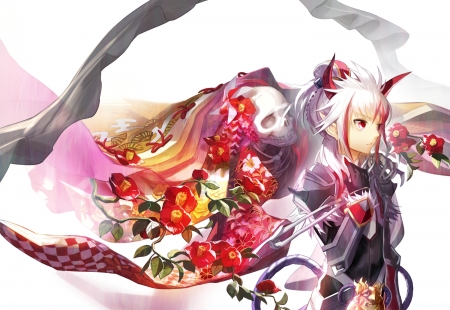 :-) - bride, anime, scorpion5050, guy, flower, death, man, horns, manga, fantasy, white, red, luminos, demon, bones