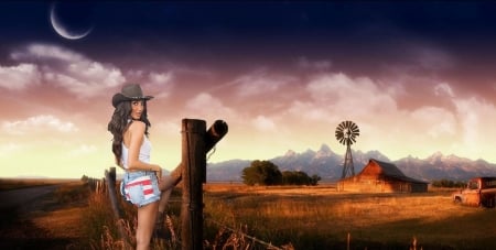 On Ranch Road. . - girls, women, style, fun, models, fence, female, cowgirl, fashion, boots, hats, outdoors, brunettes, western, ranch, barn