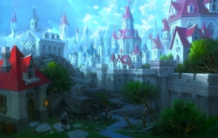 Castle - fantasy, pink, castle, luminos, boy, shadow, blue, art