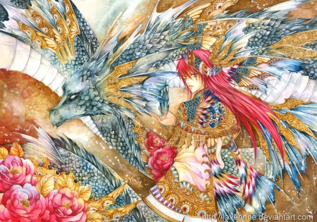 Dragon lady - anime, yellow, blue, girl, flower, pink, manga, fantasy, peony, redhead, dragon, laverinne, red