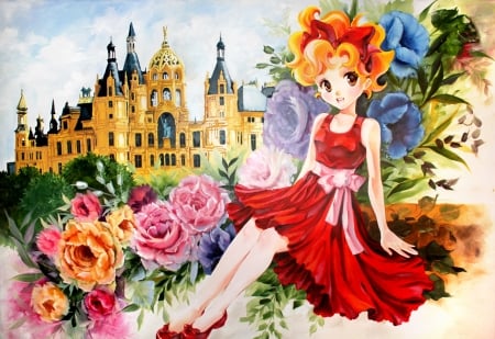 Girl - red, flower, rose, pink, anime, girl, dress, blue, manga, castle