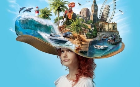 :-) - hat, water, summer, blue, girl, sea, island, city, creative, fantasy, funny, sofian moumene, fish, luminos, building