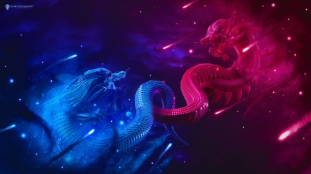 Dragons - fantasy, pink, dragon, luminos, fight, couple, blue