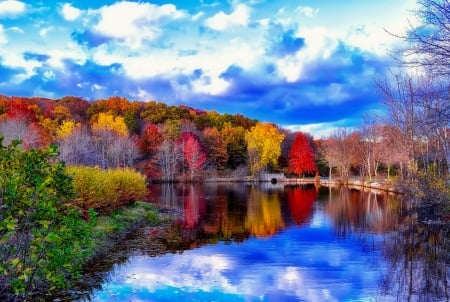 Autumn park - autumn, lake, sky, lover, trees, colorful, park, lovely, fall, forest, reflection, clouds, island, colors