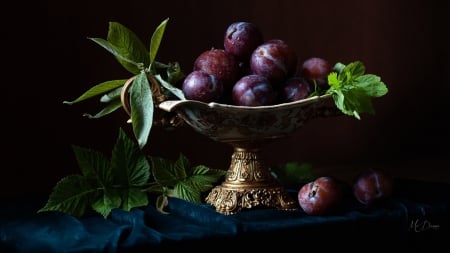 Plums - harvest, plums, bowl, leaves, still life, firefox persona theme, fruit