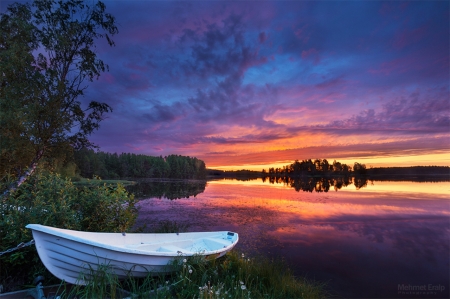 Tale of the White Boat - white, nature, beach, trees, clouds, sunset, sea, boat