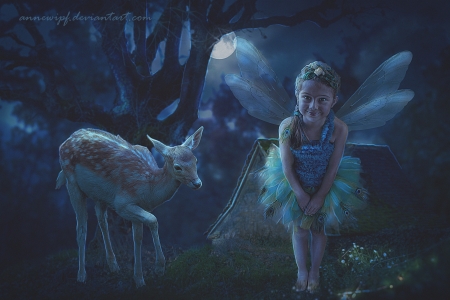 Moonlight - moon, annewipf, summer, blue, girl, night, forest, dark, fantasy, deer, wings, fairy, luminos, luna