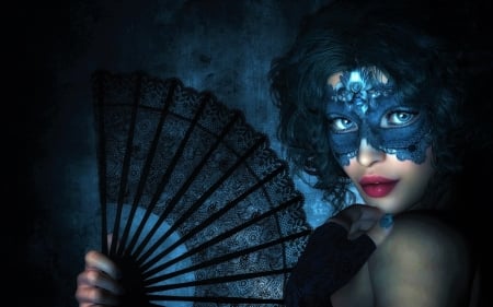 Beauty - hand fan, blue, girl, fan, frumusete, fantasy, mask, rendering, luminos