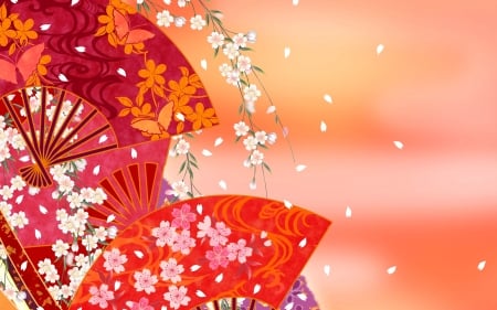 Hand fans - red, flower, fan, white, petals, hand fan, orange, texture, skin