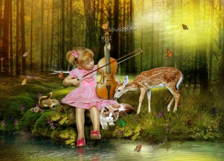 Forest song - summer, forest, cute, violin, cat, deer, girl, fantasy, squirrel, child, animal, instrument, water, pisica, creative, butterfly, luminos, green