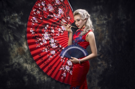 Beauty - woman, fan, girl, asian, model, hand fan, red, blue, blonde