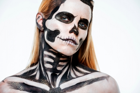 Halloween makeup - girl, skull, black, white, woman, model, halloween, makeup, bones