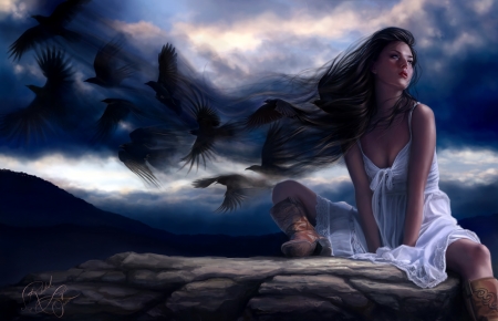 Fantasy girl - girl, fantasy, wind, raven, pasare, bird, crow, luminos, rebekah lynn osorio