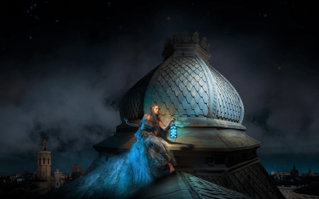 Fantasy - fantasy, roof, blue, dress, girl, night, luminos