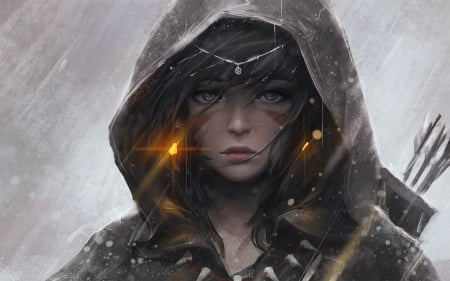 Girl - fantasy, hood, rain, girl, face, guweiz, art, luminos