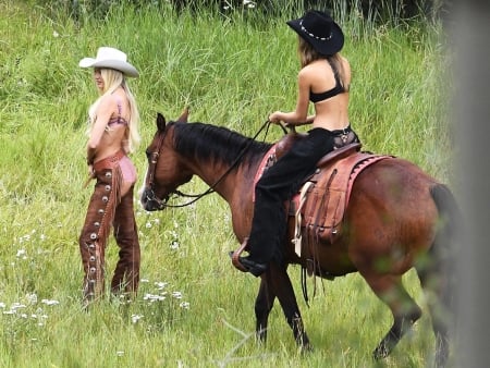 Cowgirls Folly . . - style, girls, women, chaps, models, hats, brunettes, cowgirl, fun, blondes, boots, fashion, horse, western, ranch, outdoors, female