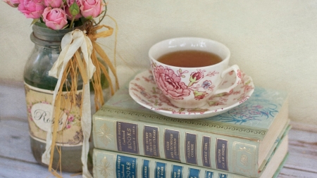 ◀ღ ◁ - flowers, roses, Bank, Cup, tea, books, pink