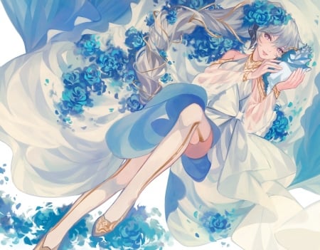 Miku between roses - trandafir, hatsune miku, hanekiru, girl, rose, white, luminos, blue, anime, manga