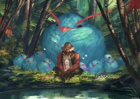 The nest - bird, anime, blue, guy, forest, baby, male, boy, manga, nest, chicks, pasare, cute, luminos