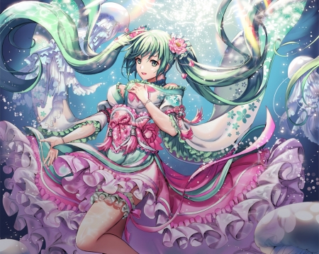 Hatsune Miku - hc, summer, pink, water, bubbles, razel1, dress, blue, hatsune miku, green