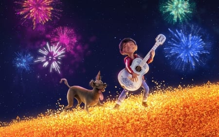 Coco - dante, poster, dog, night, orange, boy, guitar, instrument, coco, movie, caine, miguel, disney, fireworks