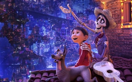 Coco - dante, poster, blue, dog, night, skull, guitar, coco, movie, halloween, caine, miguel, disney